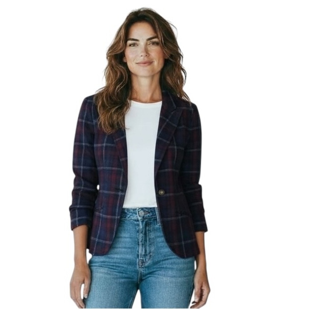 Lauren Ralph Lauren plaid flannel fitted Blazer Navy Burgundy antique buttons 4